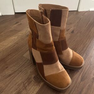 Universal Thread Patchwork Heeled Boots in Tan and Brown